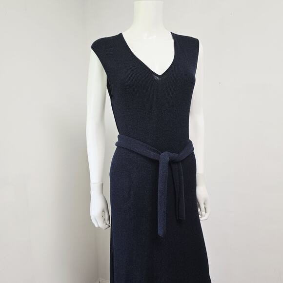 MM LaFleur Dress XL Chell Sleeveless Ribbed Belted Navy Blue V-Neck Stretch - Picture 2 of 13